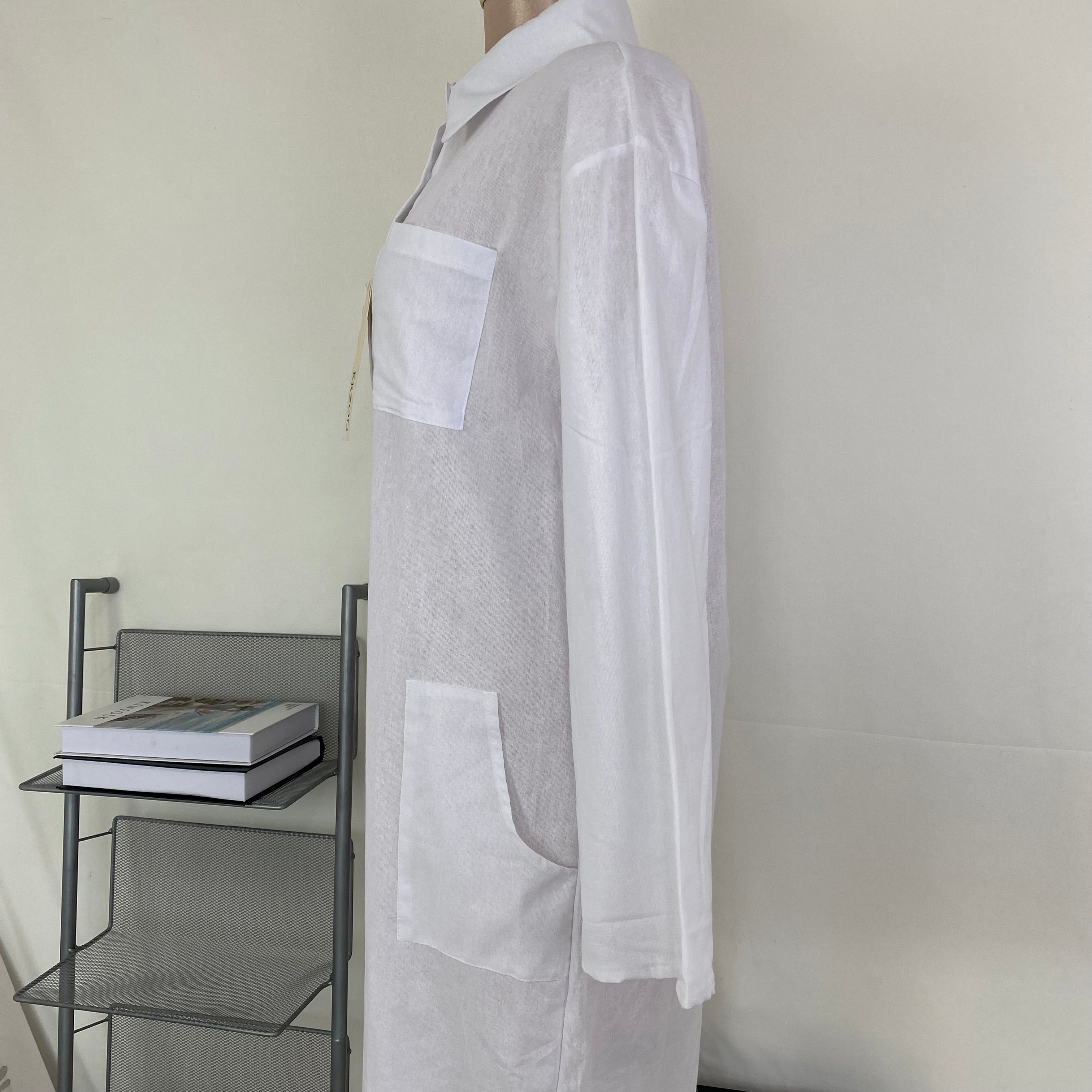Linen stand-collar loose long blouse dress