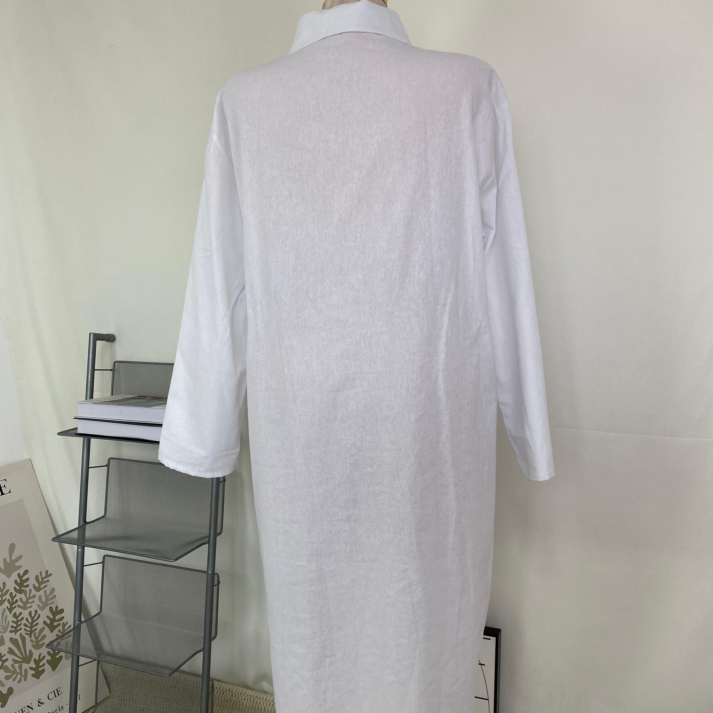 Linen stand-collar loose long blouse dress