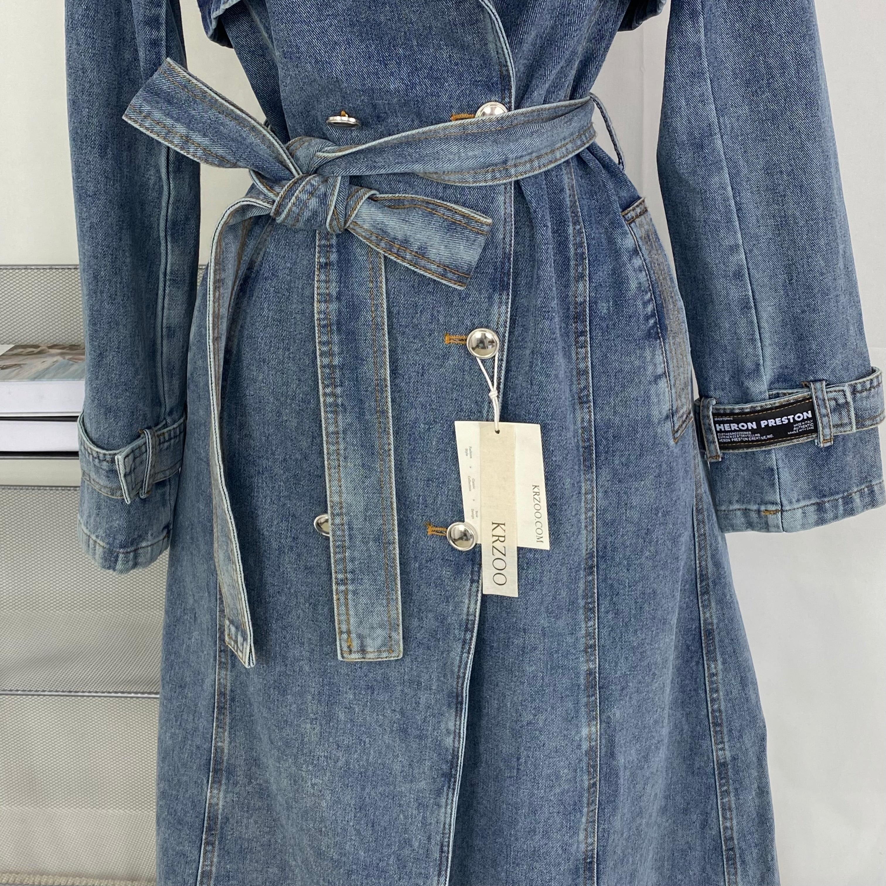 Long denim trench coat