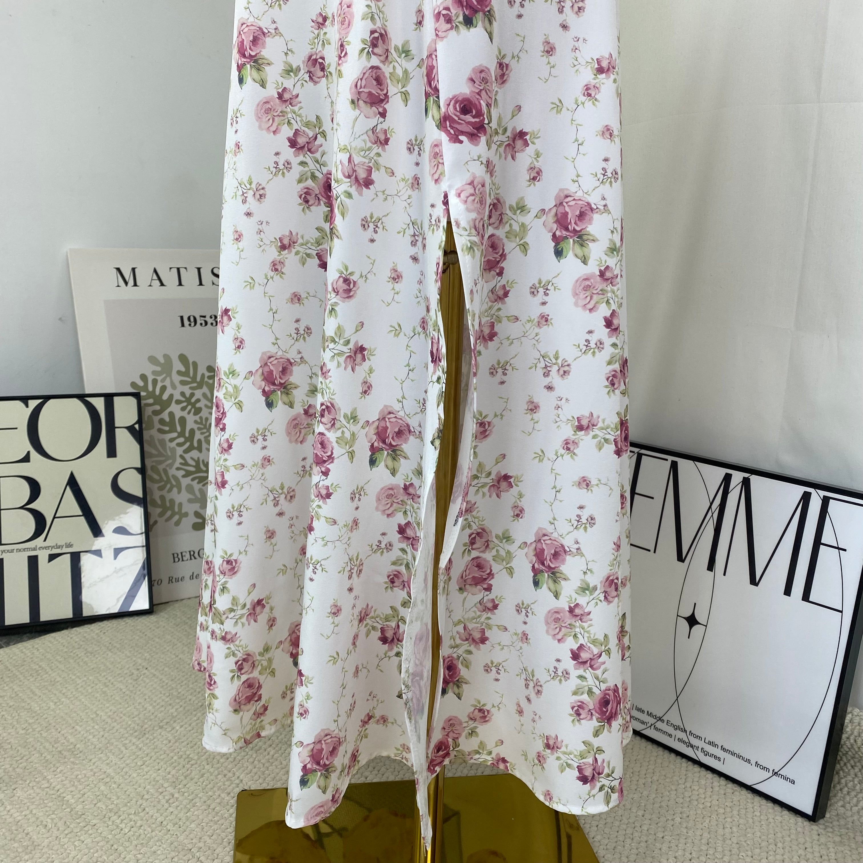 Floral print halter top with wide skirt dress