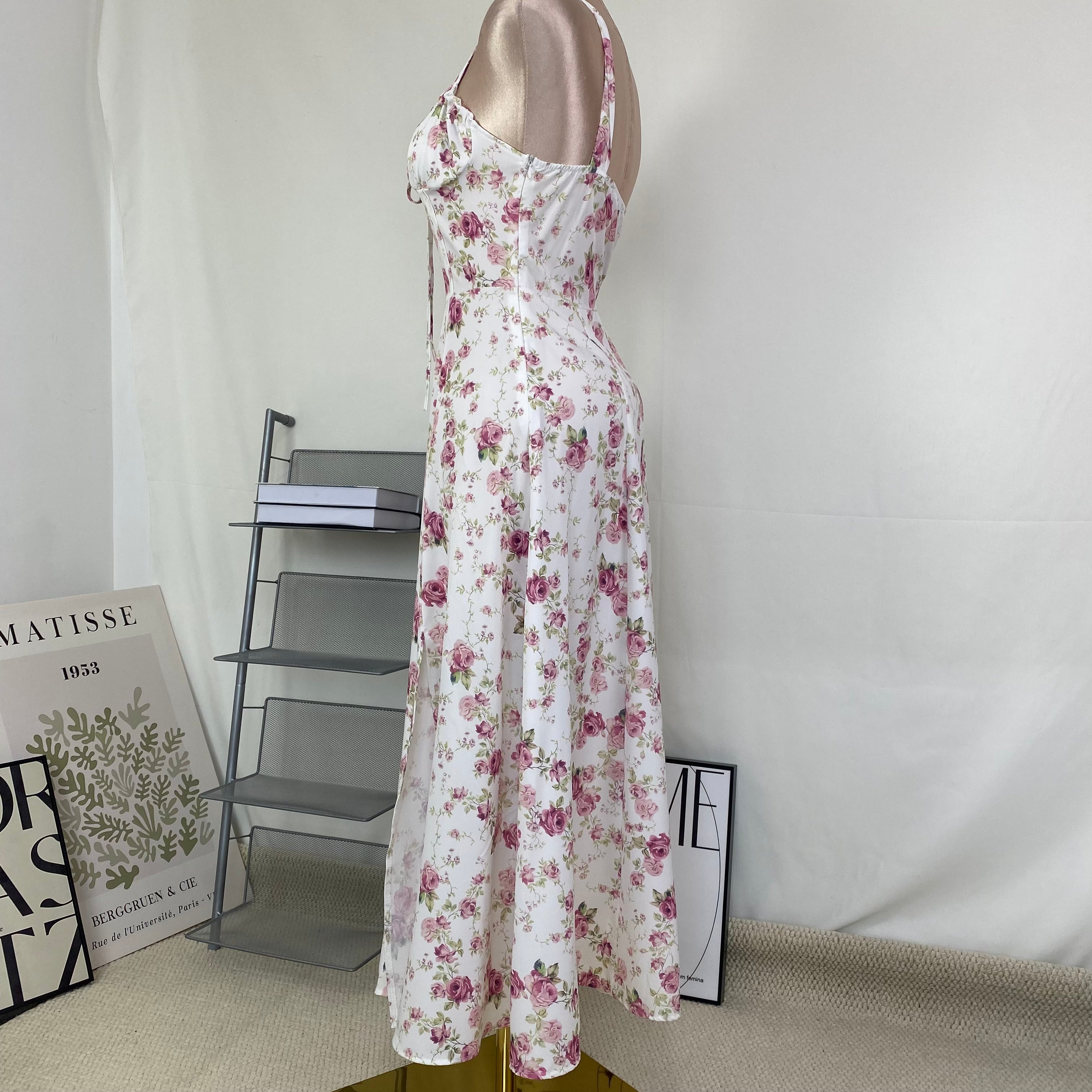 Floral print halter top with wide skirt dress