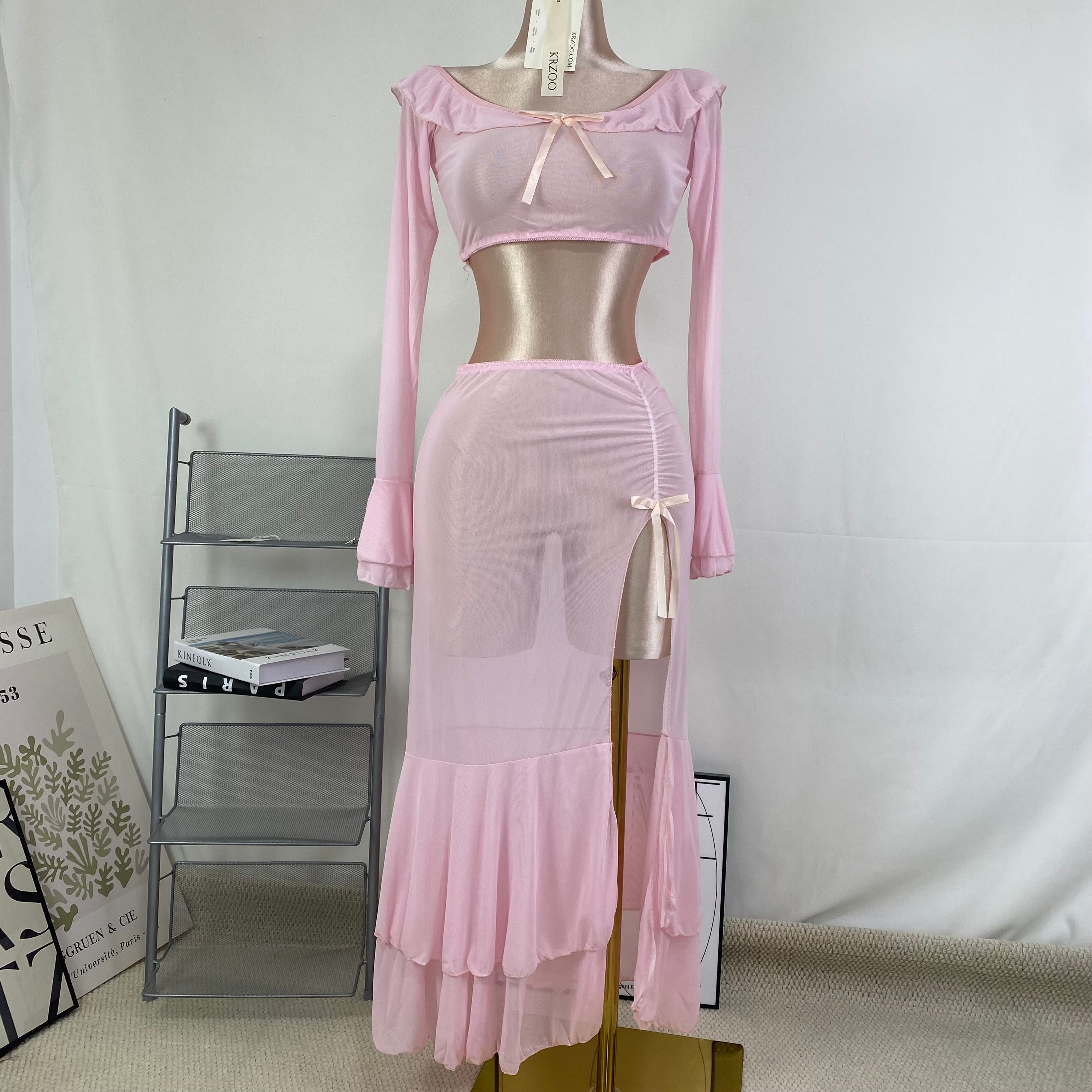 Net fabric high slit long dress set