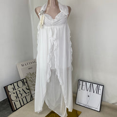 V-neck short-sleeved ruffled vintage dress