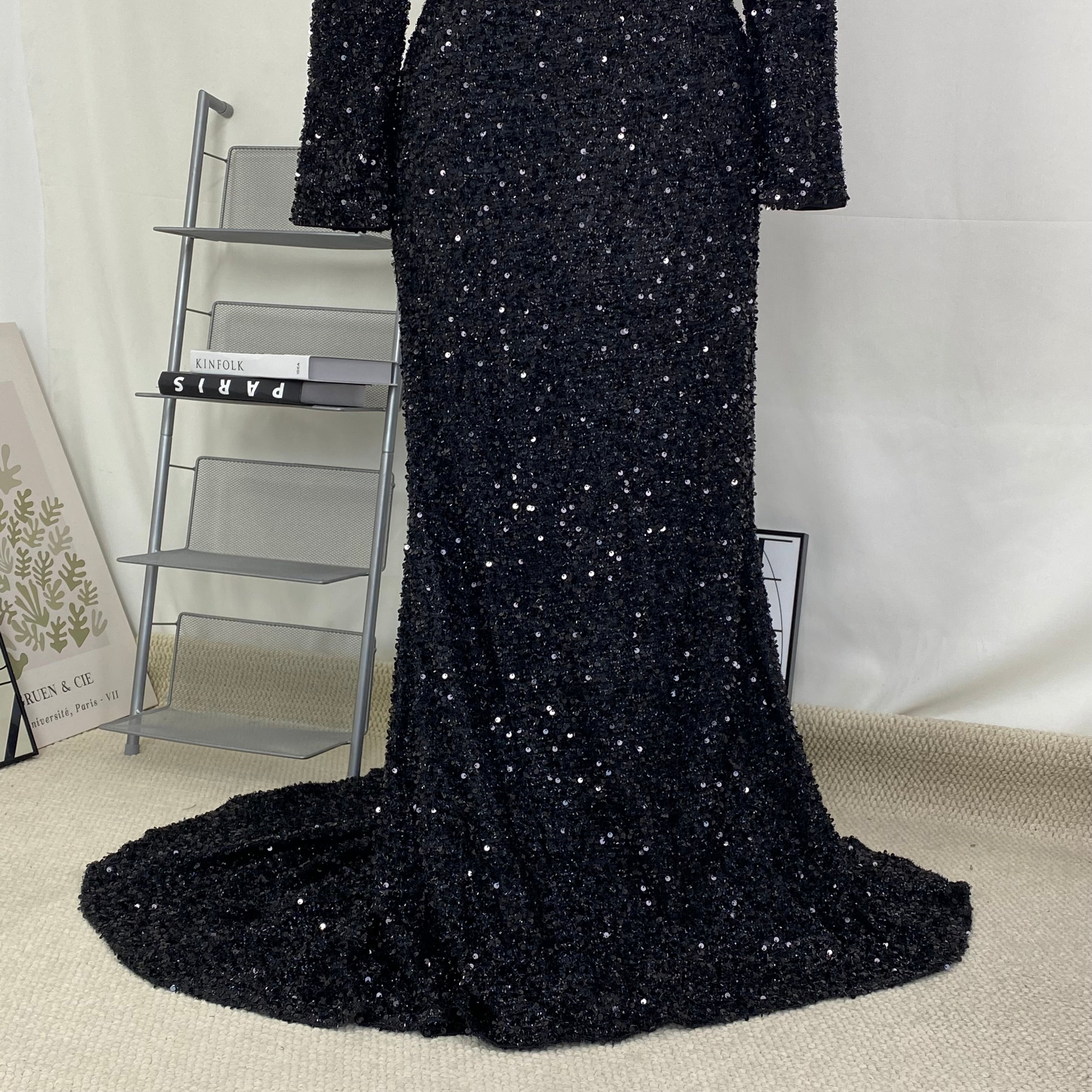 sequined trumpet sleeve long dress
