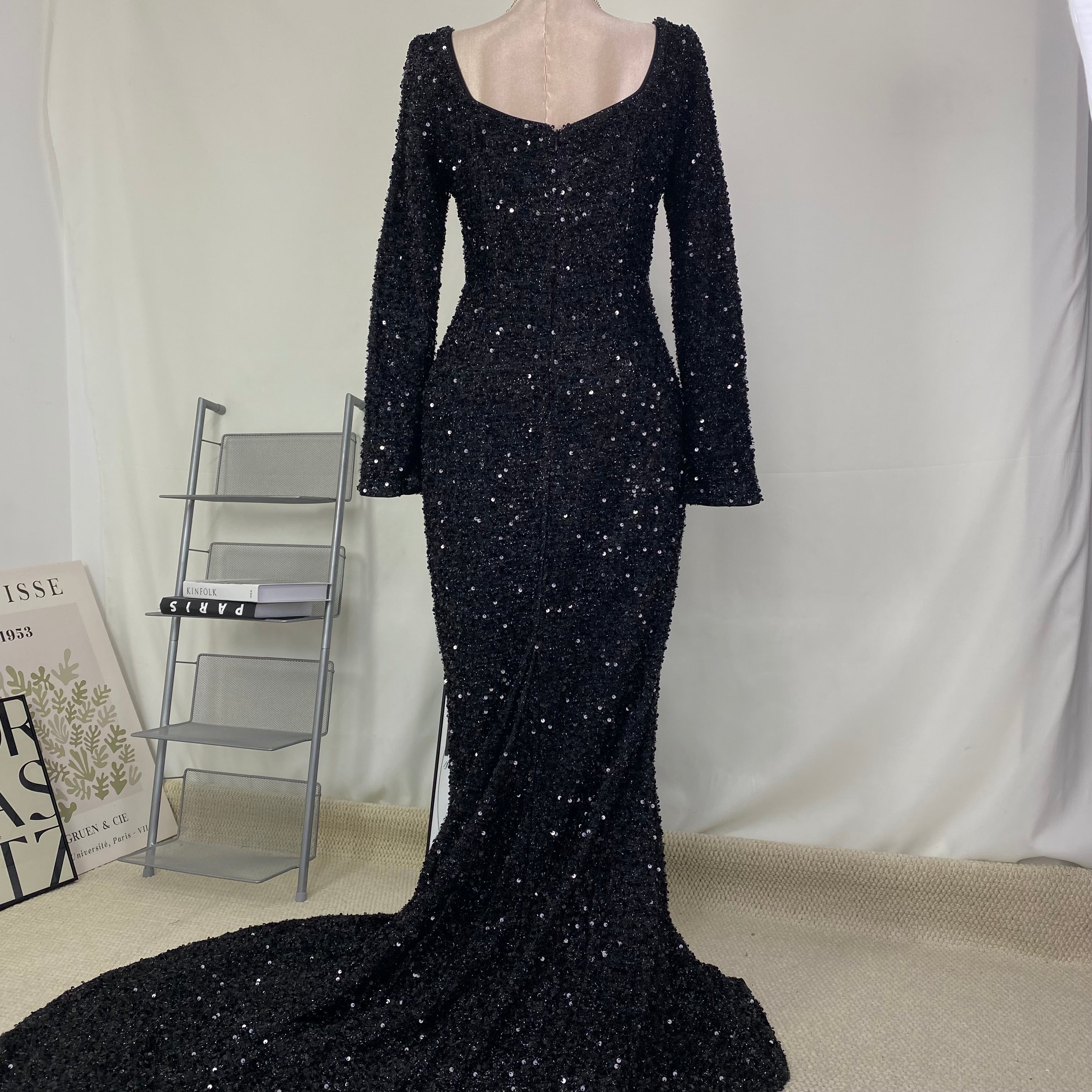 sequined trumpet sleeve long dress