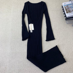 Ruffled-edge off-the-shoulder knitted long dress