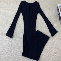 Ruffled-edge off-the-shoulder knitted long dress