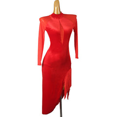 Customisable-Women's Long Sleeve Red Tassel DanceWear Dance Dress Performance Wear