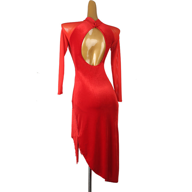 Customisable-Women's Long Sleeve Red Tassel DanceWear Dance Dress Performance Wear