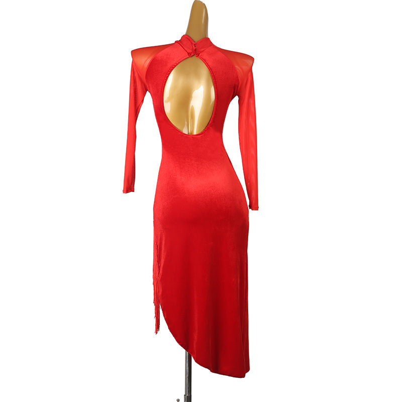 Customisable-Women's Long Sleeve Red Tassel DanceWear Dance Dress Performance Wear