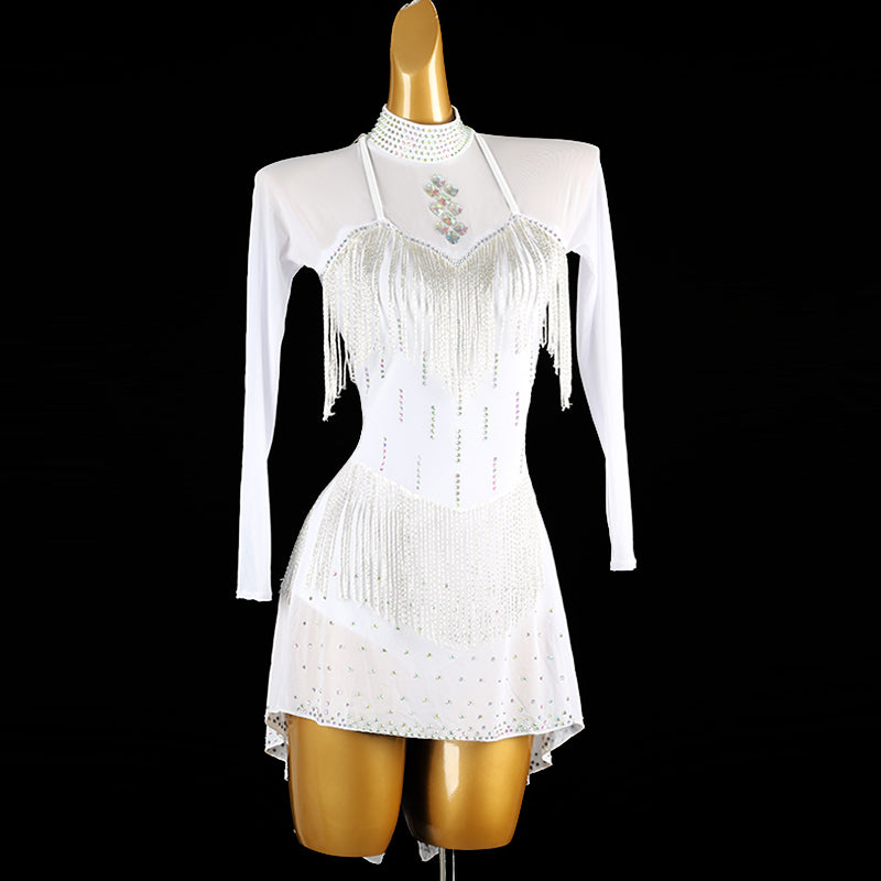 Customisable-Women's White Mesh Tassel DanceWear Dance Dress Performance Wear