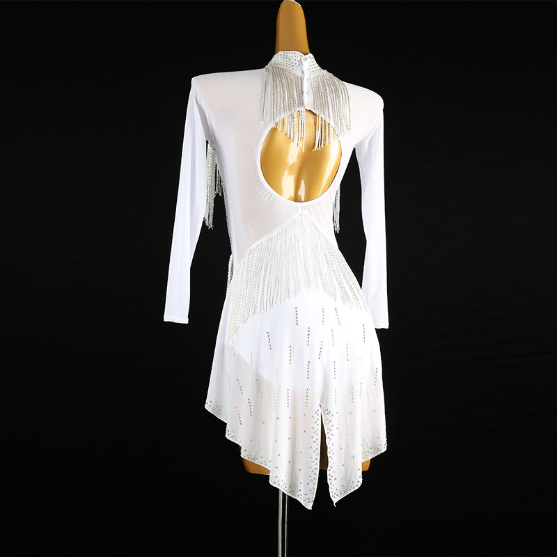 Customisable-Women's White Mesh Tassel DanceWear Dance Dress Performance Wear