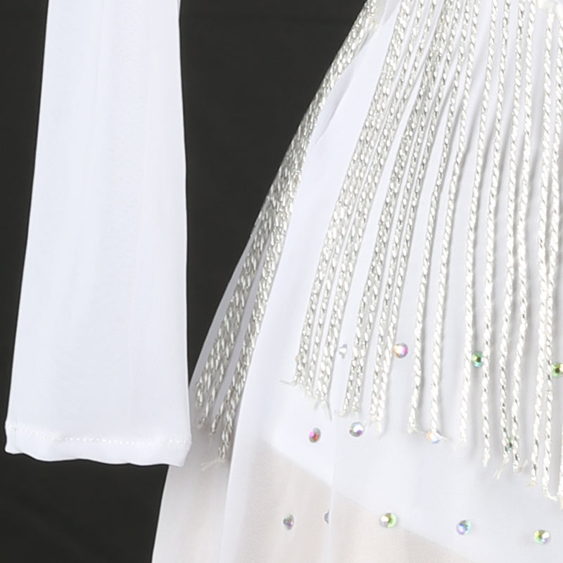 Customisable-Women's White Mesh Tassel DanceWear Dance Dress Performance Wear