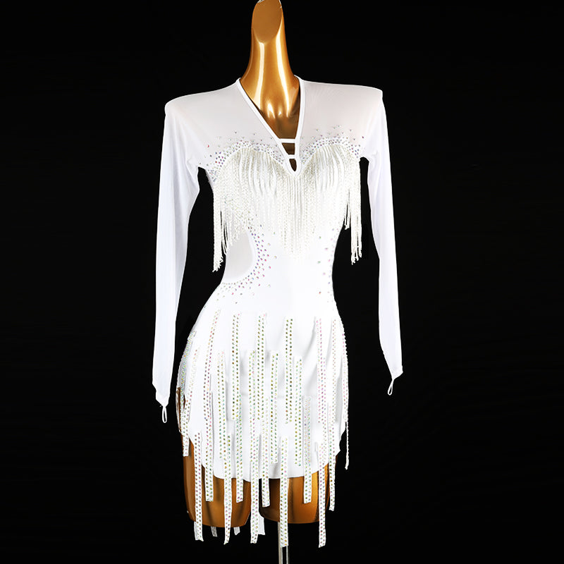 Customisable-Women's White V Neck Tassel DanceWear Dance Dress Performance Wear