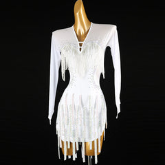 Customisable-Women's White V Neck Tassel DanceWear Dance Dress Performance Wear