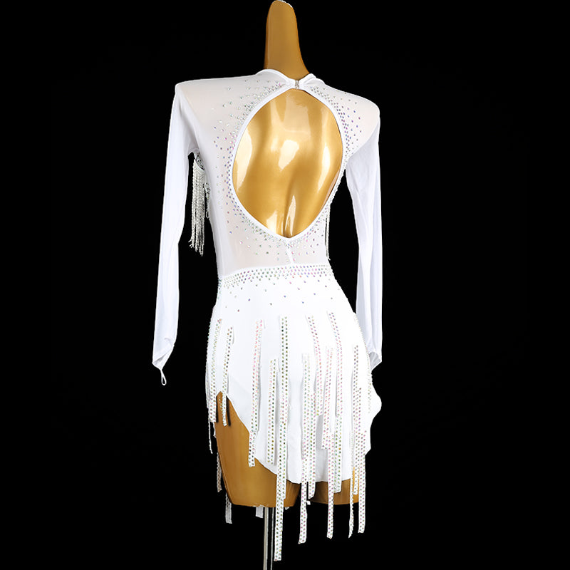 Customisable-Women's White V Neck Tassel DanceWear Dance Dress Performance Wear