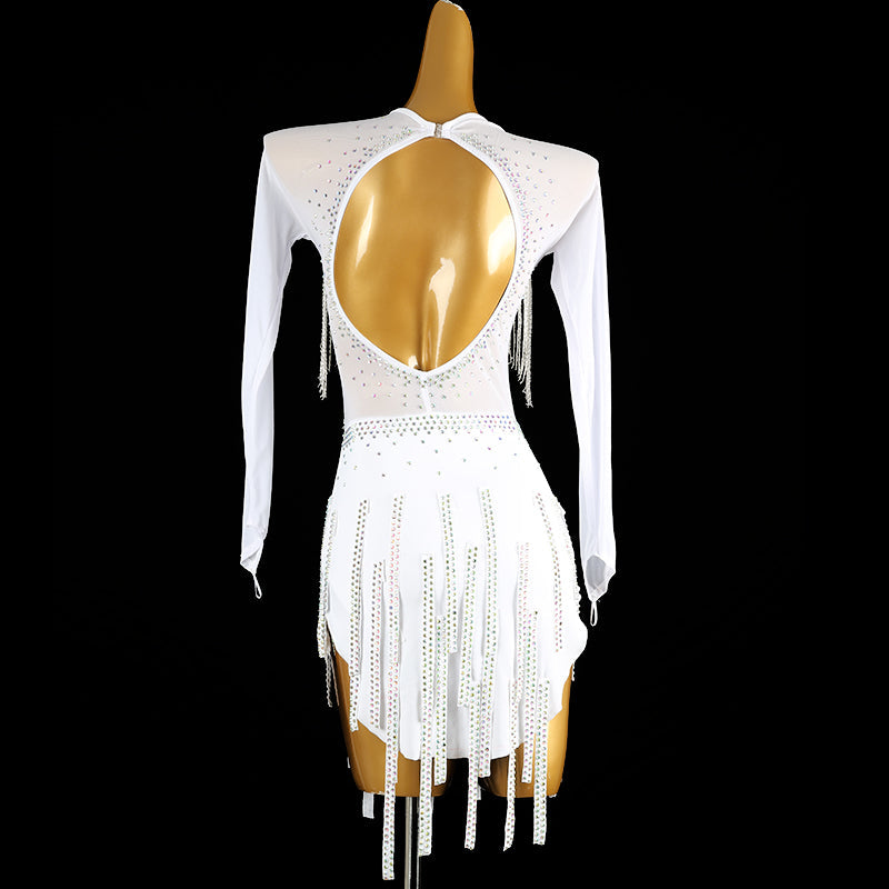 Customisable-Women's White V Neck Tassel DanceWear Dance Dress Performance Wear