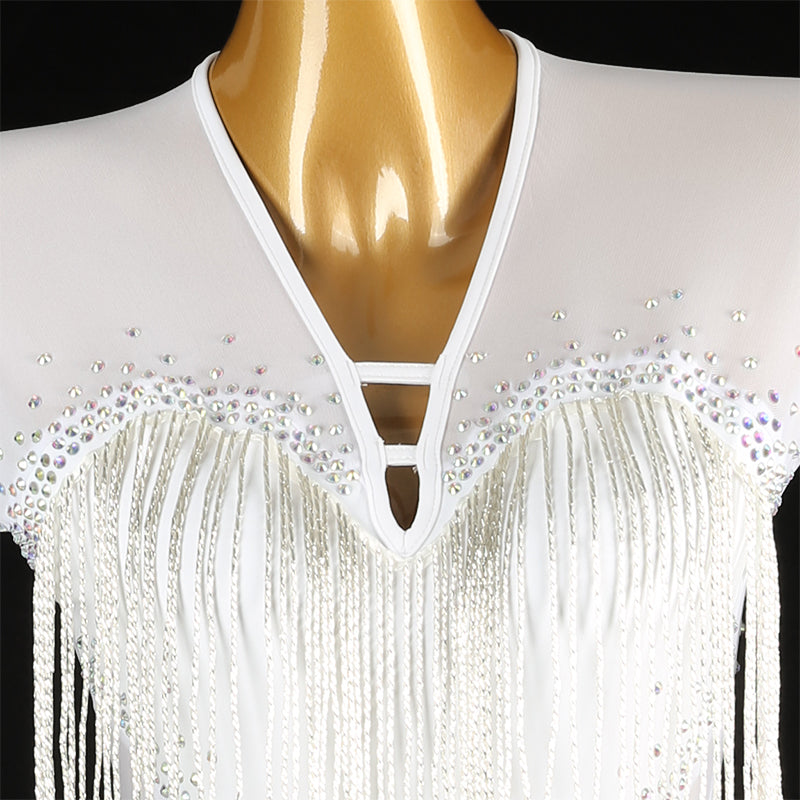 Customisable-Women's White V Neck Tassel DanceWear Dance Dress Performance Wear