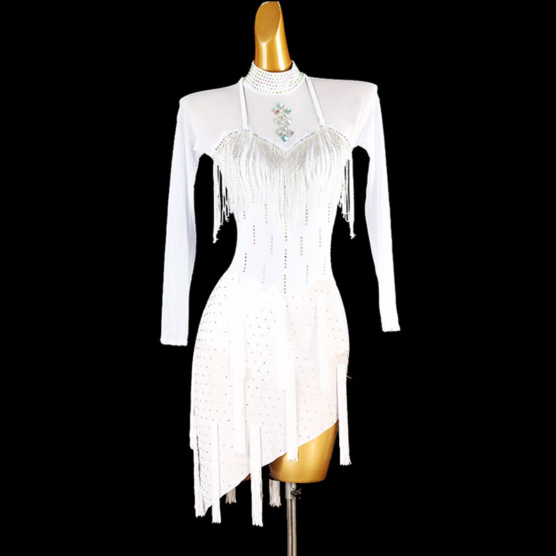 Customisable-Women's White Long Sleeve Tassel DanceWear Dance Dress Performance Wear