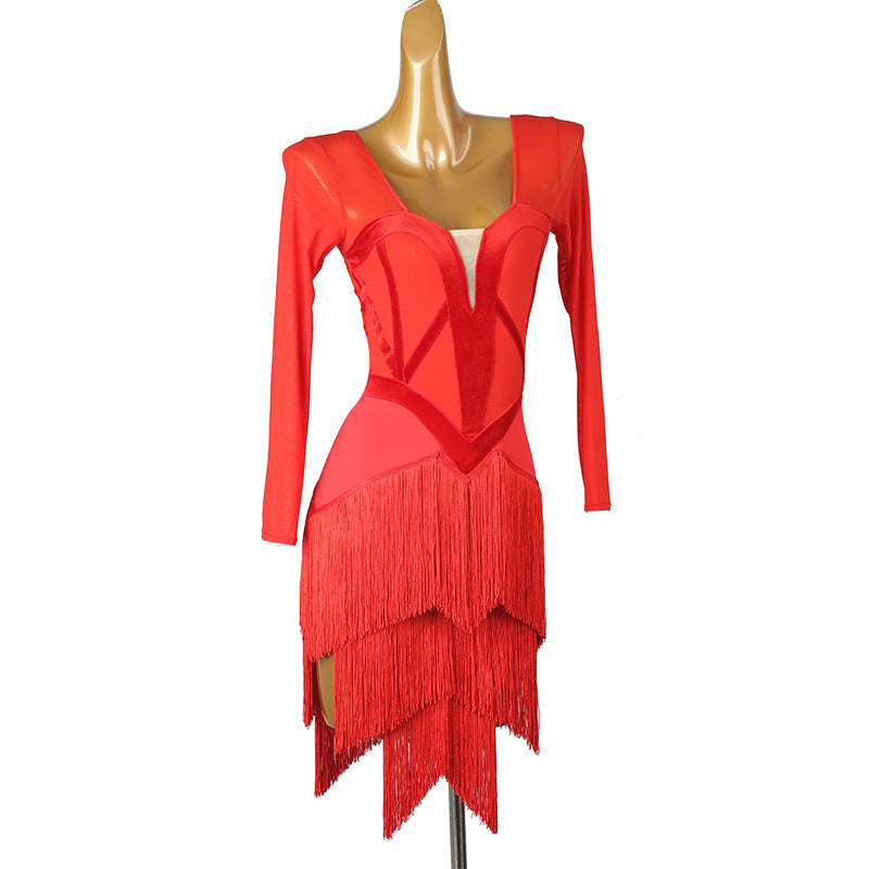 Customisable-Women's Long Sleeve Tassel DanceWear Dance Dress Performance Wear
