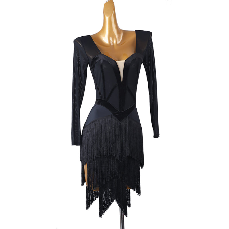 Customisable-Women's Long Sleeve Tassel DanceWear Dance Dress Performance Wear