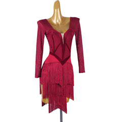 Customisable-Women's Red Long Sleeve Tassel DanceWear Dance Dress Performance Wear