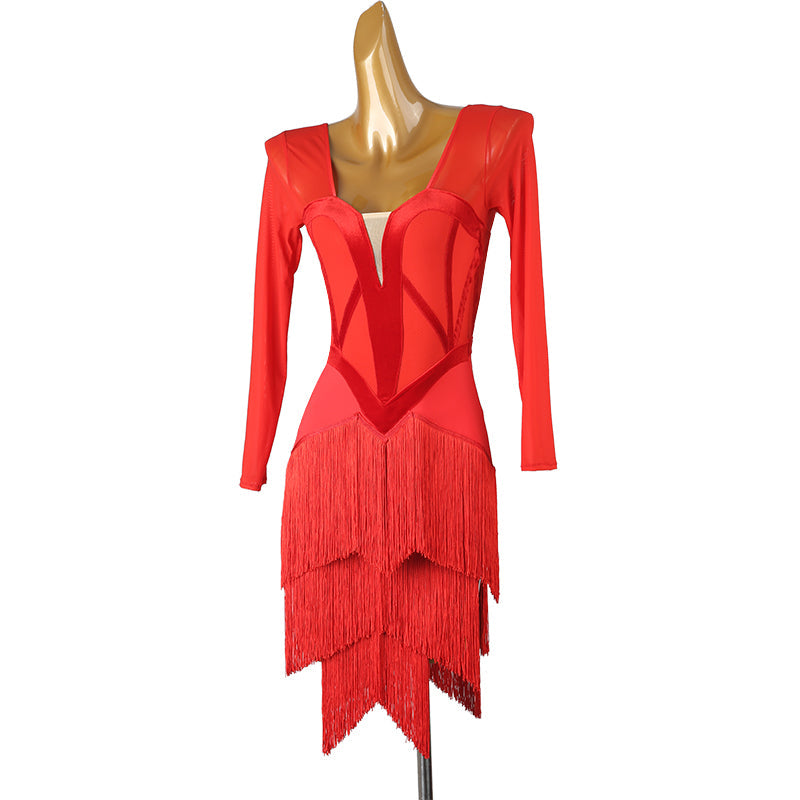 Customisable-Women's Long Sleeve Tassel DanceWear Dance Dress Performance Wear