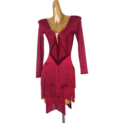 Customisable-Women's Red Long Sleeve Tassel DanceWear Dance Dress Performance Wear