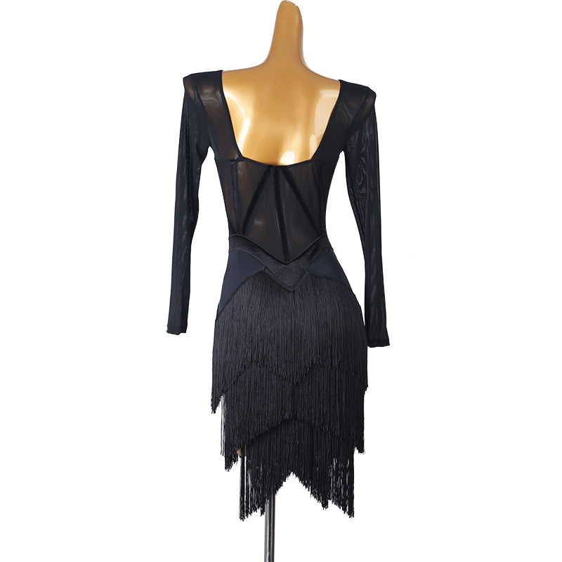 Customisable-Women's Long Sleeve Tassel DanceWear Dance Dress Performance Wear