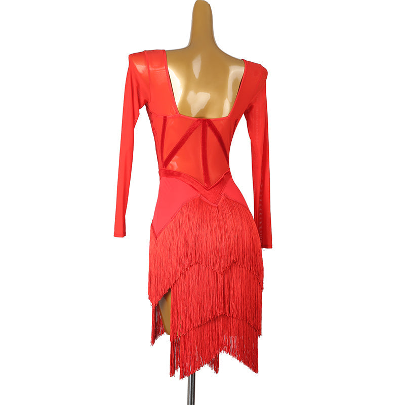 Customisable-Women's Long Sleeve Tassel DanceWear Dance Dress Performance Wear