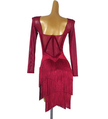 Customisable-Women's Red Long Sleeve Tassel DanceWear Dance Dress Performance Wear