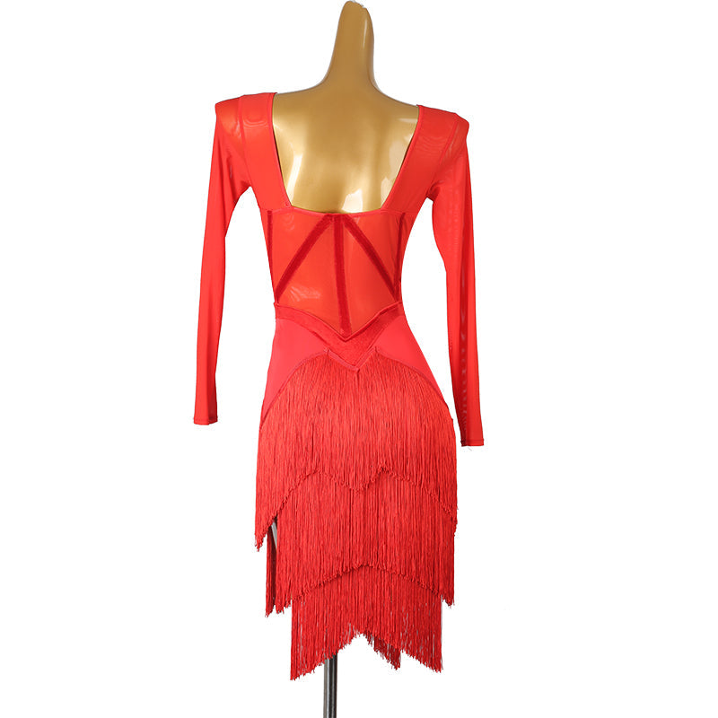 Customisable-Women's Long Sleeve Tassel DanceWear Dance Dress Performance Wear