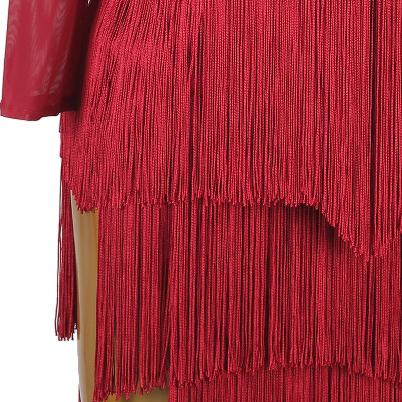 Customisable-Women's Red Long Sleeve Tassel DanceWear Dance Dress Performance Wear