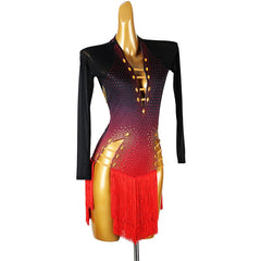 Customisable-Women's Black Long Sleeve Tassel DanceWear Dance Dress Performance Wear