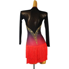 Customisable-Women's Black Long Sleeve Tassel DanceWear Dance Dress Performance Wear