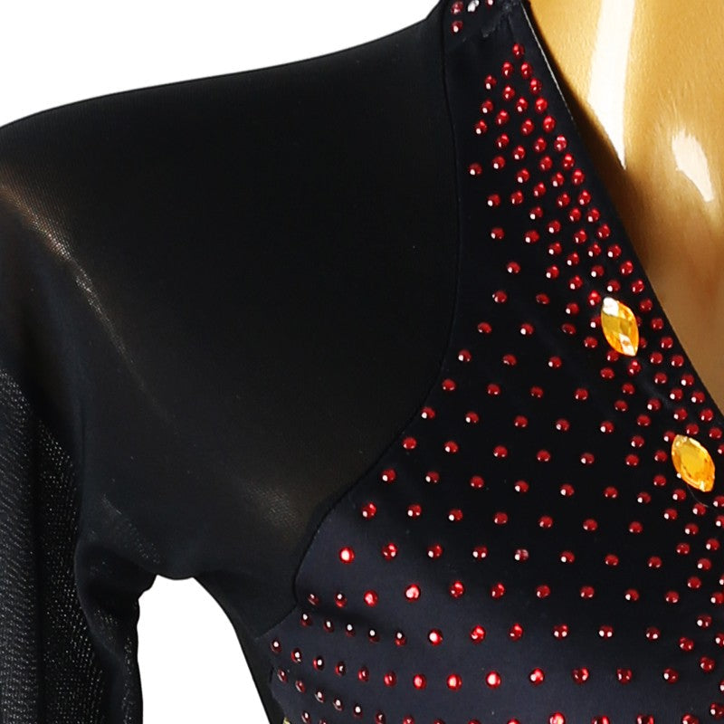 Customisable-Women's Black Long Sleeve Tassel DanceWear Dance Dress Performance Wear