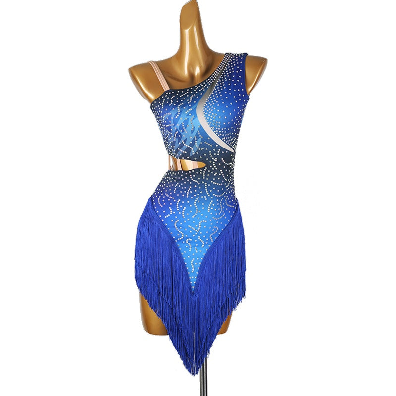 Customisable-Women's Performance Royal Blue Sleeveless Tassels Latin Salsa Dance Dress Competition Dress