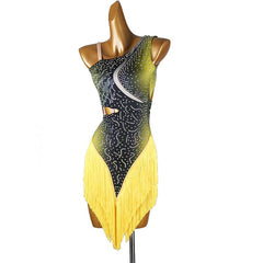 Customisable-Women's Performance Yellow Sleeveless Tassels Latin Salsa Dance Dress Competition Dress