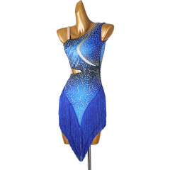 Customisable-Women's Performance Royal Blue Sleeveless Tassels Latin Salsa Dance Dress Competition Dress