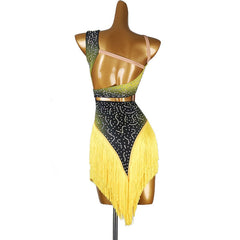 Customisable-Women's Performance Yellow Sleeveless Tassels Latin Salsa Dance Dress Competition Dress