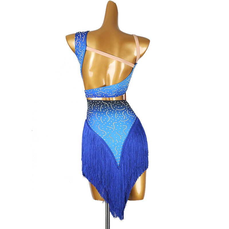 Customisable-Women's Performance Royal Blue Sleeveless Tassels Latin Salsa Dance Dress Competition Dress