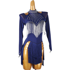 Customisable-Women's Dark Blue Long Sleeve Tassel DanceWear Dance Dress Performance Wear