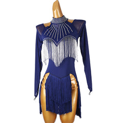Customisable-Women's Dark Blue Long Sleeve Tassel DanceWear Dance Dress Performance Wear