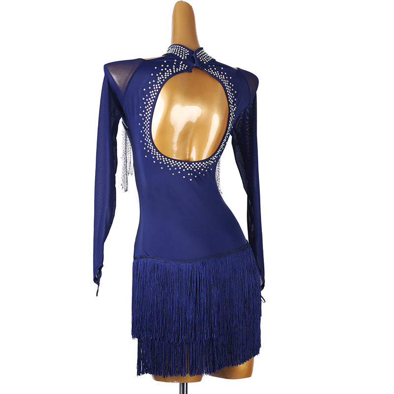 Customisable-Women's Dark Blue Long Sleeve Tassel DanceWear Dance Dress Performance Wear