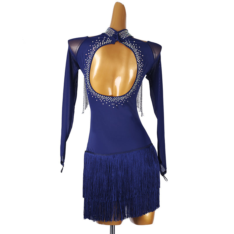Customisable-Women's Dark Blue Long Sleeve Tassel DanceWear Dance Dress Performance Wear