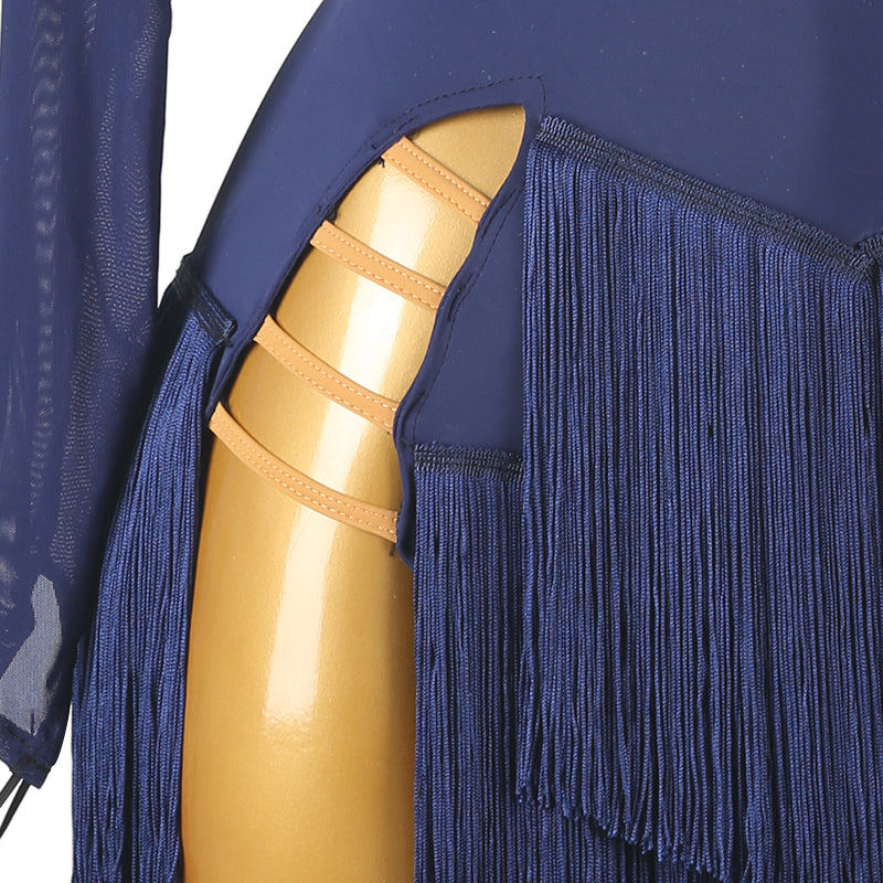 Customisable-Women's Dark Blue Long Sleeve Tassel DanceWear Dance Dress Performance Wear