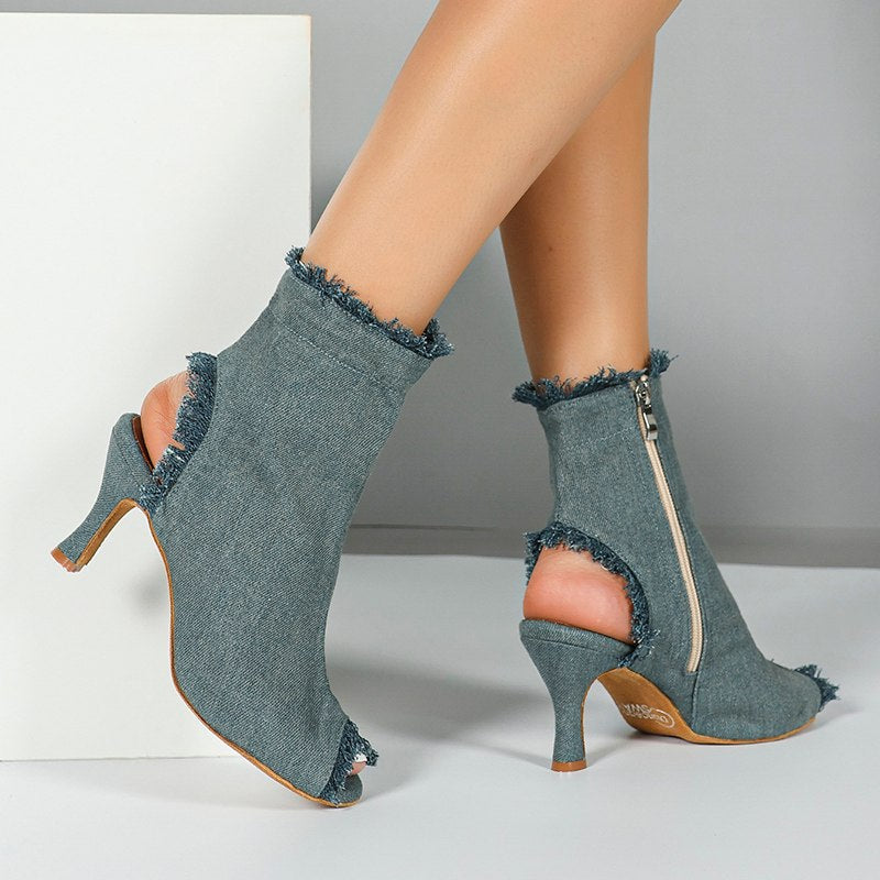 Women's Blue Denim Customized Heel Dance Boots Salsa JazDance Shoes