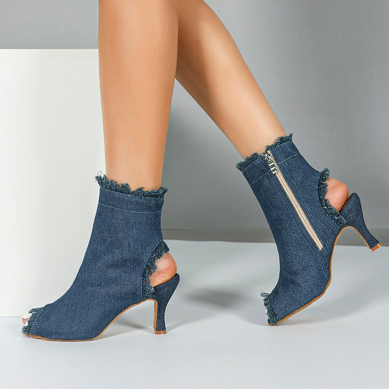 Women's Blue Denim Customized Heel Dance Boots Salsa JazDance Shoes