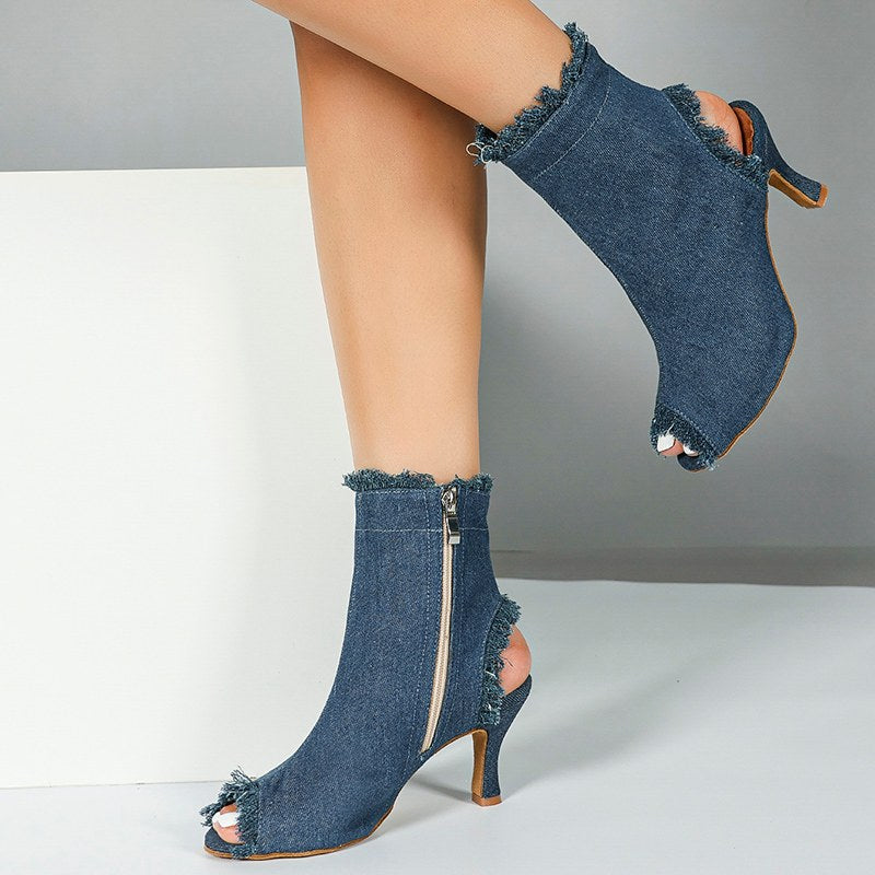 Women's Blue Denim Customized Heel Dance Boots Salsa JazDance Shoes