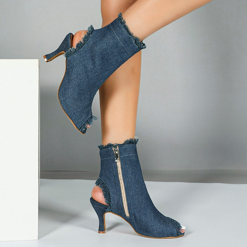 Women's Blue Denim Customized Heel Dance Boots Salsa JazDance Shoes